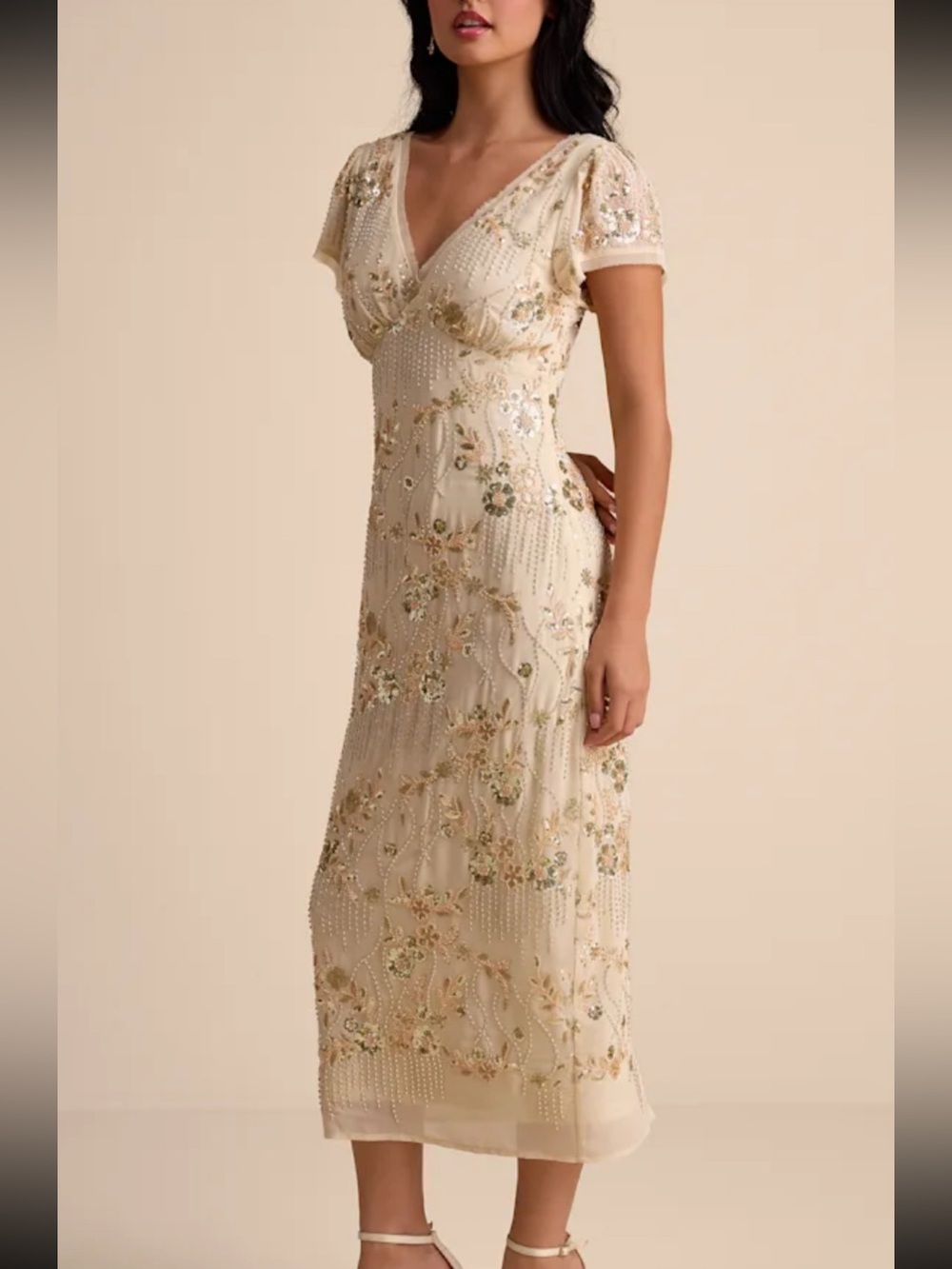 Lulu's Cream Embellished V-Neck Midi Dress